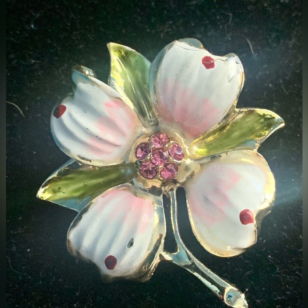 Vintage Enamel Painted Flower Brooch Pink Rhinestones